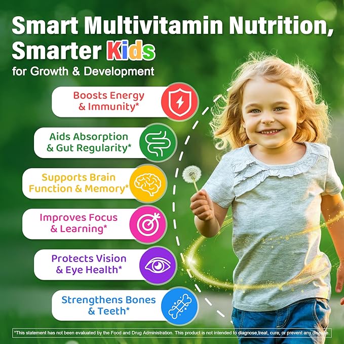 Kids Multivitamin Gummies 20+ Super Greens Fruit and Veggies Supplement Superfood Daily Gummies with Probiotics for Kids Gummy Vitamins &amp Minerals for Tummy &amp Immune Support -Vegan Sugar Fre