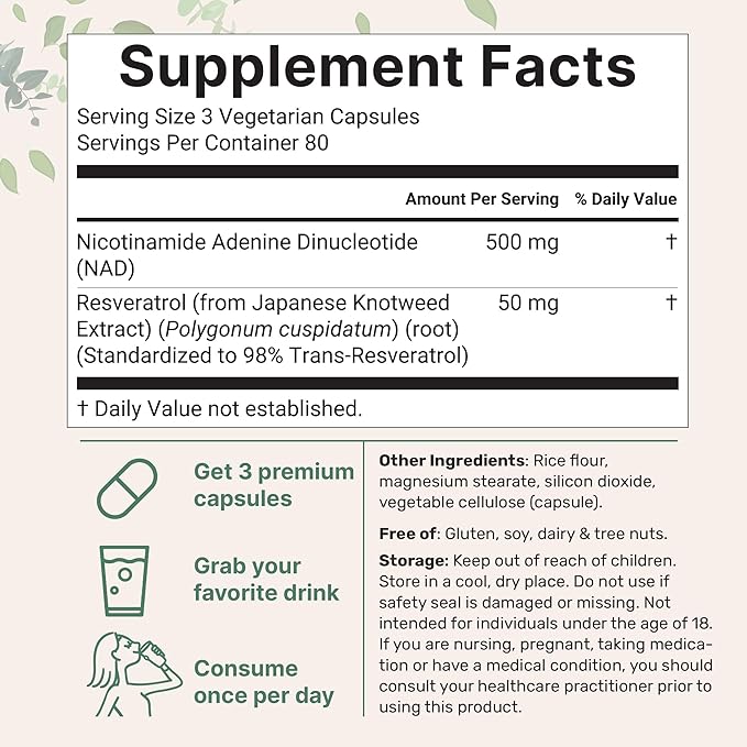 Micro Ingredients NAD+ 500mg with Resveratrol 240 Veggie Capsules | 2-in-1 NAD Supplement for Women &amp Men | NMN Pathway Alternative | Non-GMO Gluten Free