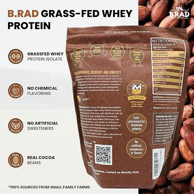 B.rad Grass Fed Whey Protein Isolate | Ultra-Pure All-Natural Clean Ingredients | 2 Pounds | 100% USA Sourced | Cocoa Bean (Chocolate)