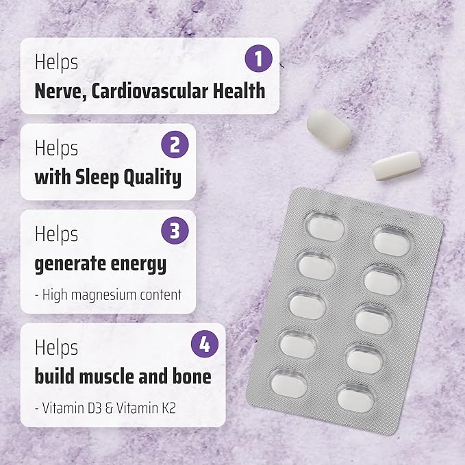 YDY Chelated Magnesium with K2 - Magnesium 200mg Vitamin D3 25mcg K2 100mcg - High Absorption Supports Muscle Bone Nerve Sleep - 60 Tablets