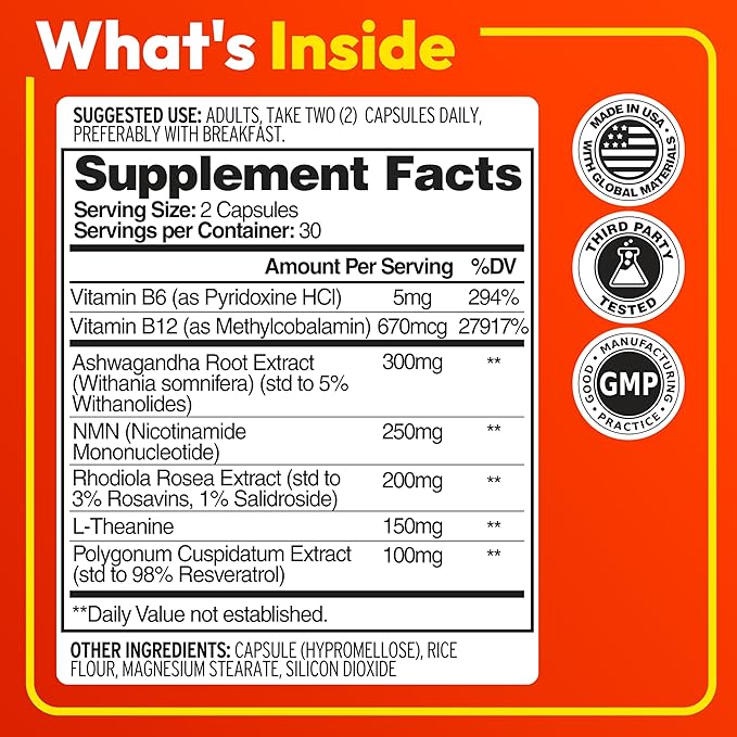 NAD+ Supplement with NMN &amp Resveratrol – Supports Cellular Energy &amp Focus – 60 Capsules – for Women &amp Men – Shine Some More