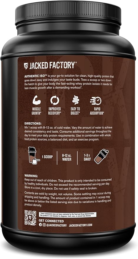 Jacked Factory Authentic ISO Whey Protein Isolate Powder - Low Carb Non-GMO Muscle Building Protein w/No Fillers Post Workout Recovery Dark Chocolate - 25 Servings