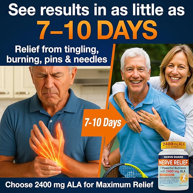 Nerve Relief Neuropathy Sciatica Support Supplement with 2400 mg Alpha Lipoic Acid to Reduce Nerve Discomfort in Feet Hands Toes &amp Feet – 2400mg ALA B Vitamins Magnesium Turmeric – 60 Capsules