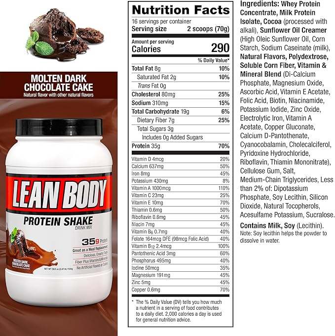 Labrada Lean Body Hi-Protein Meal Replacement Shake Molten Dark Chocolate Cake PACKAGING MAY VARY