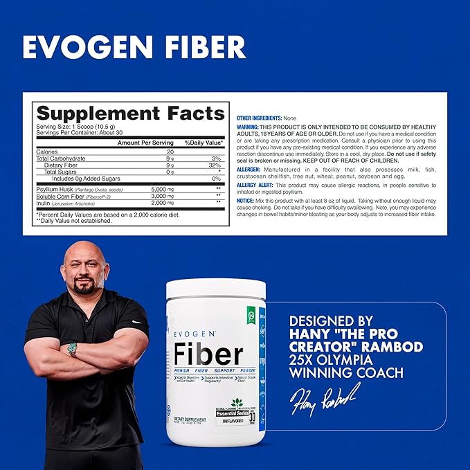Evogen Fiber - Premium Fiber Powder Supplement | No Bloat Constipation &amp Gut Health Support | Unflavored | 30 Servings