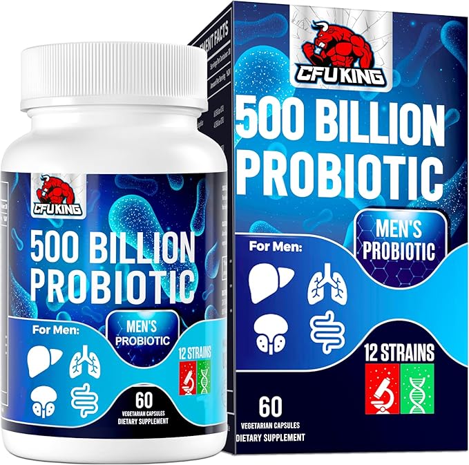 Probiotics for Men 500 Billion CFU &amp 12 Mens Probiotic for Digestive Health + 4 Organic Prebiotic Fiber for Digestive Gut Immune Health Bloating Gas Energy Support Shelf Stable - 60 Capsul