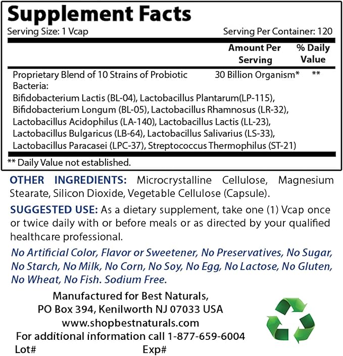 Best Naturals Probiotic 10 Strains &amp 30 Billion CFU &amp Vitamin D3 10000 IU