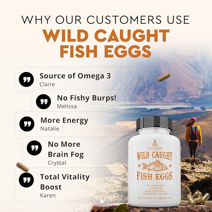 Ancestral Supplements Wild Caught Fish Eggs 2400mg Omega-3 Supplement Supports Brain Heart Fertility and Inflammatory Health Whole Food Source of Vitamin D K2 and A Non-GMO 180 Capsules