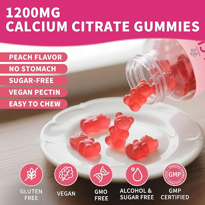 (3 Pack) Calcium Citrate Gummies 1200 mg for Adults High Absorption Calcium Supplement for Women &amp Men Sugar Free Non-GMO Gluten Free Supports Muscle &amp Immune - Natural Peach Flavor