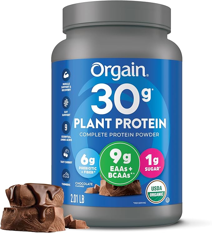 Orgain Organic 30g Vegan Protein Powder Chocolate 9g EAAs + BCAAs Plant Protein 6g Prebiotic + Fiber 1g Sugar Pre-Workout Muscle Support + Recovery - 2.01lb (Packaging May Vary)