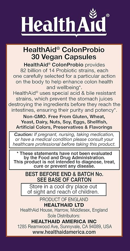 HealthAid ColonProbio 82 Billion with Prebiotic 14 Strains Once Daily 30ct Optimum Colon Care Acid &amp Bile Resistant Dairy Free Gluten Free Non-GMO
