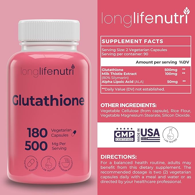 Reduced Glutathione 500mg – with White Milk Thistle and Alpha Lipoic Acid 180 Vegetarian Capsules Natural Antioxidant 3-Month Supply GMP Certified Made in USA