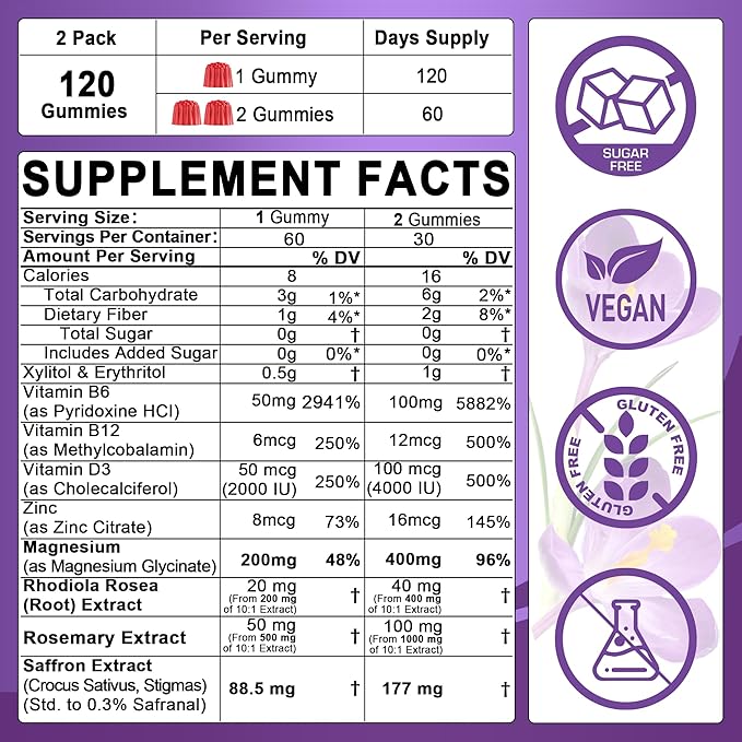 2Pack Saffron Supplements Gummies + 2Pack Vegan Vitamin D3 5000IU K2 Gummies Whole Food Blend Coconut Oil Magnesium
