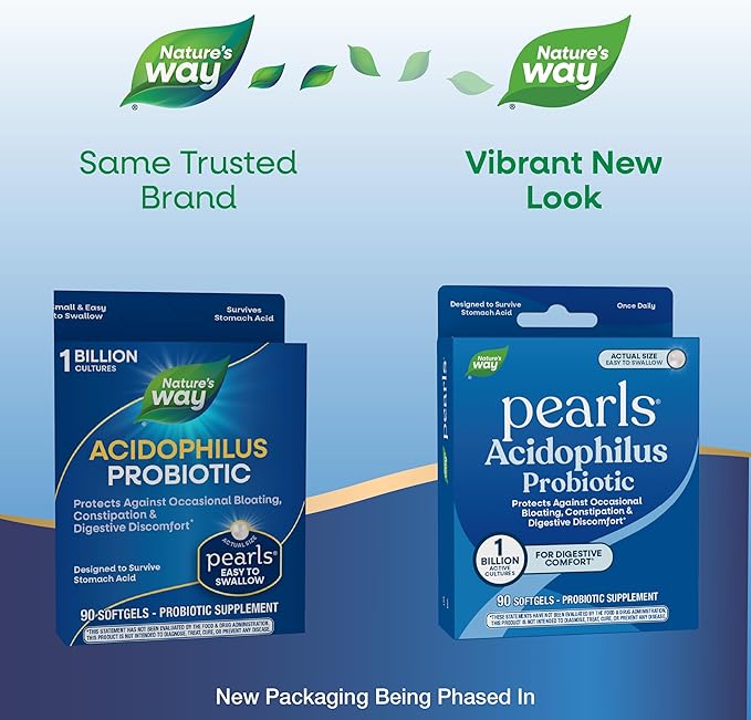 Nature's Way Probiotic Pearls Acidophilus Supports Digestive Balance &amp Gut Health Reduce Occasional Constipation and Bloating* 1 Billion Cultures 90 Softgels