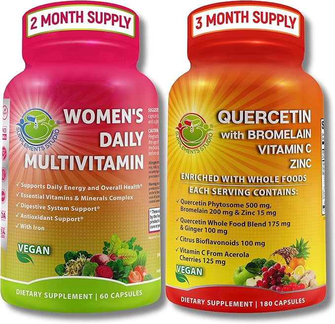 SUPPLEMENTS STUDIO Immune Energy &amp Wellness Support Bundle - Women's Daily Multivitamin with Iron + Quercetin 500mg with Bromelain Zinc &amp Vitamin C – Vegan Non-GMO Clean Daily Wellness Sup
