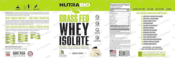 NutraBio Grass Fed Whey Isolate Protein Powder - 25G of Protein Per Scoop - Sugar Free Natural Lean Muscle Protein Supplement - Cookies &amp Cream - 2 Pounds 29 Servings