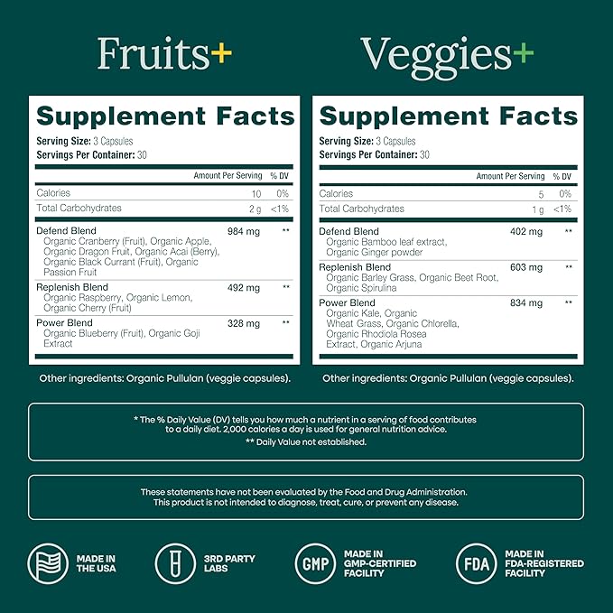 100% Organic Fruits and Veggies Supplement (USDA Organic - Made in USA) 180 Potent Fruits and Vegetable Capsules for Energy Boost &amp Daily Fruit and Vegetable Vitamins - Vegan Non-GMO Gluten-Free