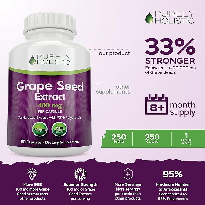 Purely Holistic Grape Seed Extract 20000mg - 250 Vegan Capsules - 8+ Month Supply - Standardized to 95% Polyphenols - 400 mg per Capsule - Maximum Strength Grapeseed - Non-GMO &amp Pesticide Free