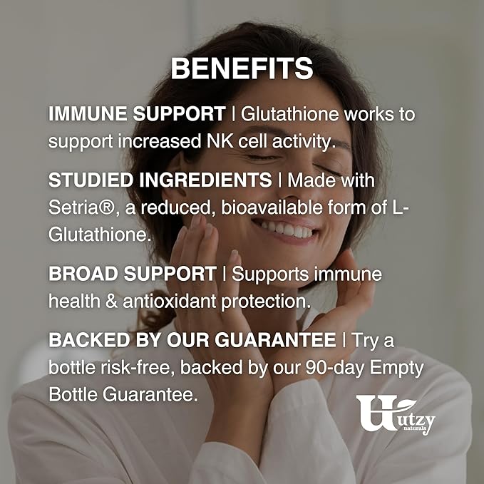 Utzy Naturals L-Glutathione | Immune Health &amp Antioxidant Support | Setria® 250mg Reduced Form Glutathione | High Absorption | Made in The USA | 60 Capsules