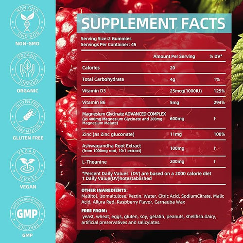 90 Count Magnesium Glycinate Gummies 400 mg - Sugar Free Magnesium Supplement for Adults with Glycinate &amp Malate L-Theanine Ashwagandha Zinc Vitamin B6 &amp D3 Supports Relaxation &amp Slee