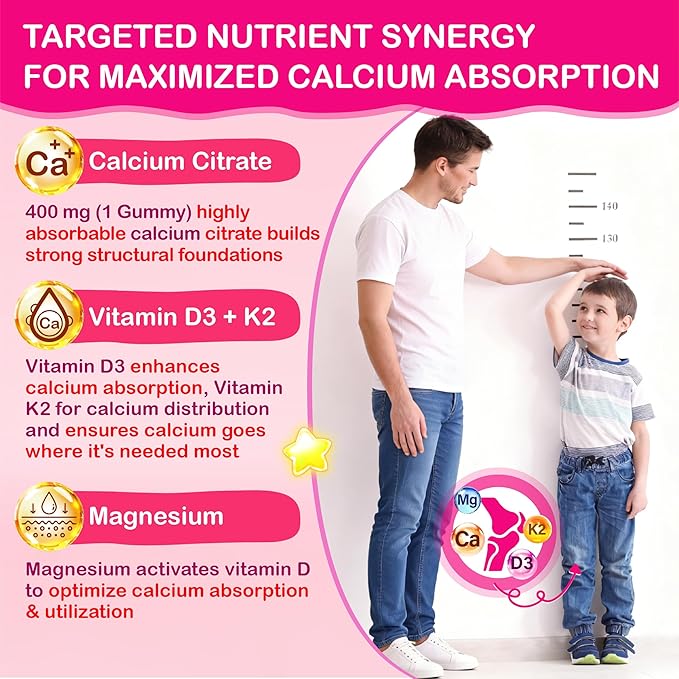 Kids Calcium Gummies with D3 &amp Magnesium for 4+: Sugar Free Calcium Citrate with Vitamin D3 K2 Zinc Probiotics &amp Prebiotics for Kids - Gluten Free Non-GMOVegan Natural Strawberry Flavor