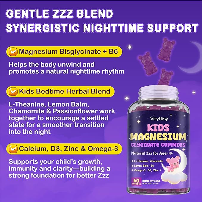 Magnesium Glycinate Gummies for Kids 4+: Sugar Free Magnesium Bisglycinate Gummy with Chamomile L-Theanine Lemon Balm B6 Omega 3 Zinc - Gluten Free Non-GMO Vegan Mixed Berry Flavor