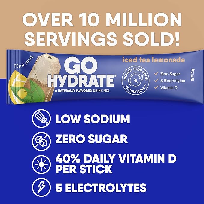 GoHydrate Low Sodium Electrolytes Powder Packets Sugar Free - Instant Hydration Daily Drink Mix - Zero Sugar Water Flavor Packet Singles with Vitamin D - (Iced Tea Lemonade 30 Packs)