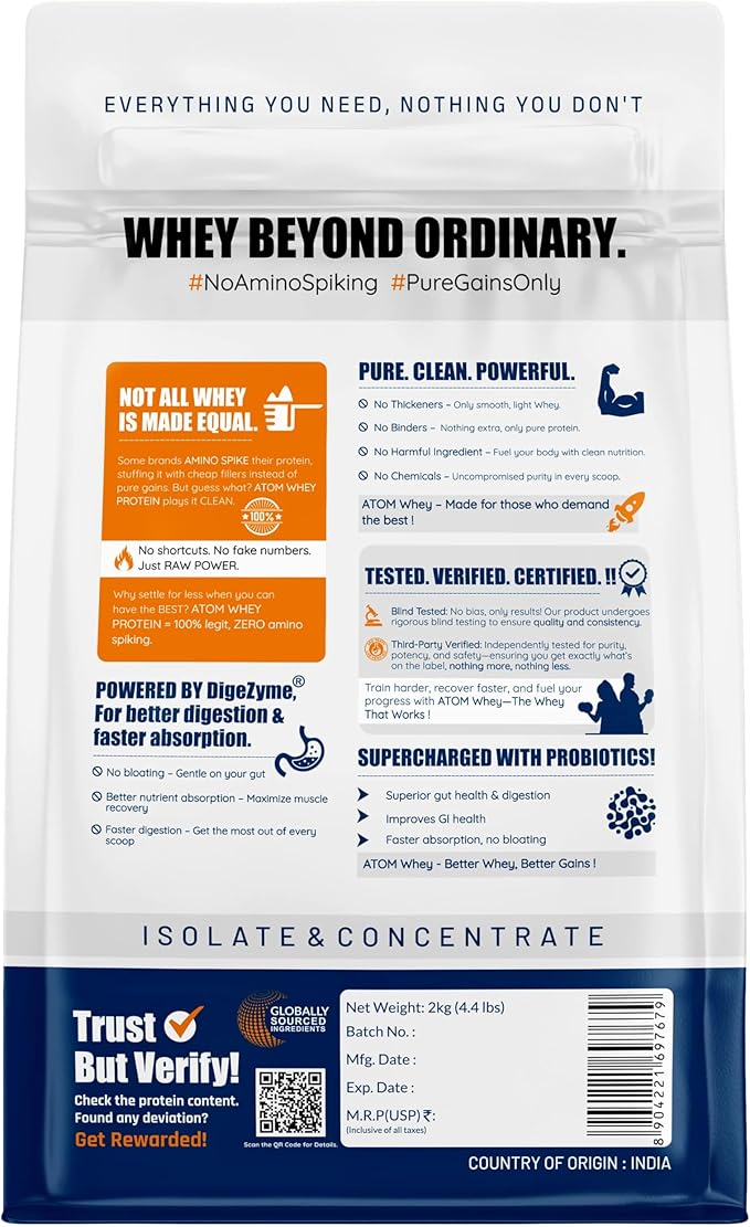 AS-IT-IS Atom Whey Protein 2kg/70.5 Oz With Digestive Enzymes | Usa Labdoor Certified for Accuracy &amp Purity | Double Rich Chocolate Flavor | 27g Protein | 5.7g Bcaaâ