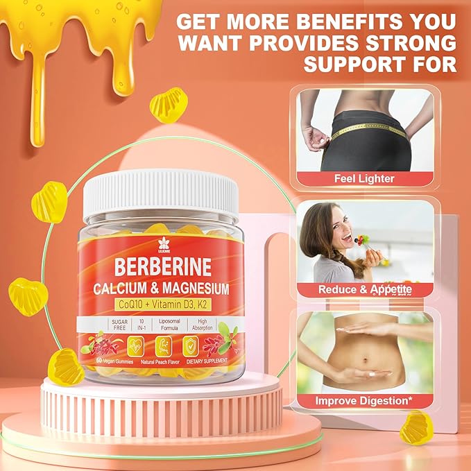 Berberine Supplement Gummies Sugar Free Extra Absorption with Liposomal Berberine &amp Berberine HCI Calcium Magnesium AMPK Activitor for Sugar &amp Level Immune Energy Metabolism -Pack of 2