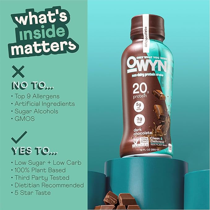 OWYN Only What You Need Protein Shake Variety Pack Dark Chocolate Cold Brew Coffee Cookies and Creamless 20g Protein 4g Sugar 3g Fiber Dairy Free Plant Based Protein Drink 12 CT