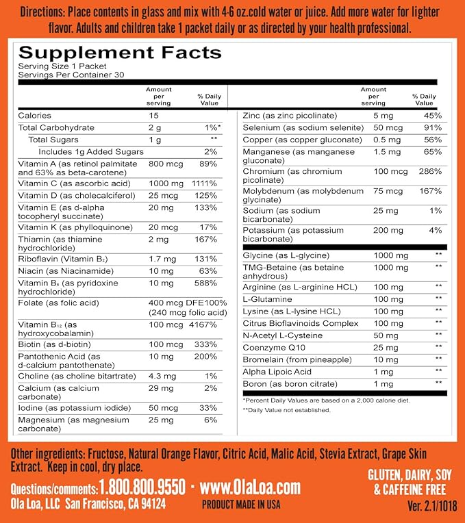 Ola Loa Energy Orange Multi Vitamin Drink Mix - Amino Energy Powder Gluten Free Detox Dairy Free Caffeine Free - Drink Your Vitamins for the Rigors of Daily Life - 30 Packets (8.25oz)