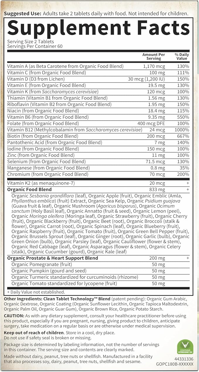 Garden of Life Organics Whole Food Multivitamin for Men 40+ 120 Tablets Vegan Mens Multi for Health &amp Well-Being Certified Organic Whole Food Vitamins &amp Minerals for Men Over 40 Mens Vitamins