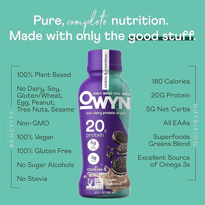 OWYN Only What You Need Protein Shake Variety Pack Dark Chocolate Cold Brew Coffee Cookies and Creamless 20g Protein 4g Sugar 3g Fiber Dairy Free Plant Based Protein Drink 12 CT