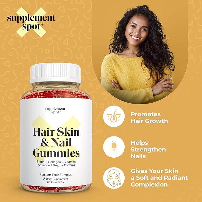 Hair Skin and Nails Vitamins 6000 mcg Biotin Gummies w/Collagen Passion Fruit Flavored Hair Vitamins Gluten Free Collagen Supplements (60 Count)