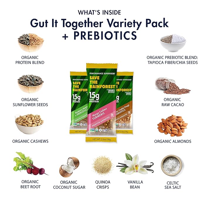 SAVE THE RAINFOREST by SHANTI BALANCE | 3 New Flavors | 15G Plant Protein | Organic Gluten Free Superfood | Gut Health Prebiotics + No-Bloat Fiber | 4 of each flavor 12 Count 2 oz Bars