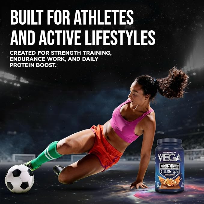 Vega Sport Vegan Protein Powder + Recovery - 30g Plant Based Protein per Serving Peanut Butter 19 Servings 5g BCAAs Probiotics NSF Certified for Shakes &amp Smoothies 1.8lbs (Packaging May Var