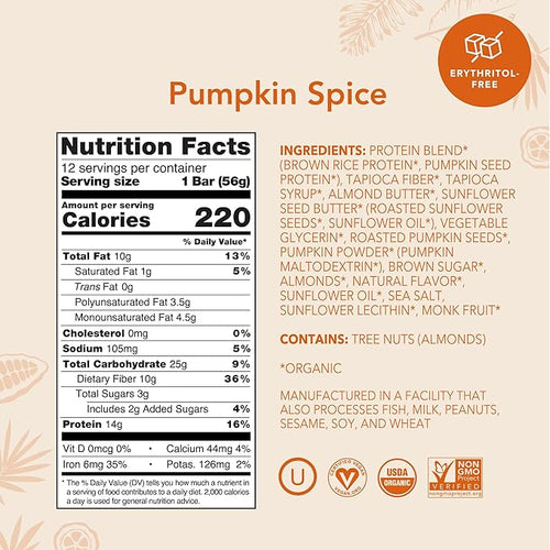 ALOHA Organic Plant Based Protein Bars - Pumpkin Spice Vegan Low Sugar Gluten-Free Low Carb Non-GMO No Stevia No Erythritol - LIMITED EDITION 12 Count (Pack of 1)