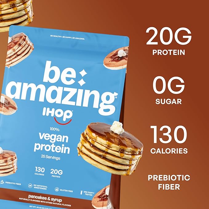 BE AMAZING Vegan Protein Powder IHOP Pancakes &amp Syrup 20g Plant Based Protein with Prebiotic Fiber Low Carb Dairy and Gluten Free Shake Mix No Added Sugar 29.3 oz 25 Servings