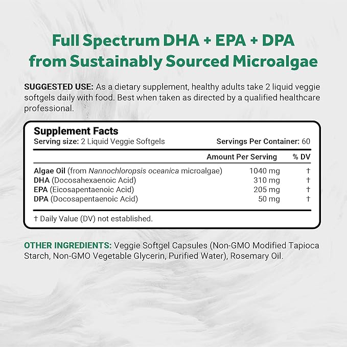 Naturalis Vegan Omega 3 DHA EPA &amp DPA from Algae | Vegan Society Certified Sustainably Sourced True Full Spectrum | 120 Veggie Softgels (Carrageenan Free)