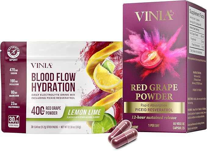 VINIA Piceid Resveratrol Capsules &amp Electrolyte Hydration Lemon Lime | Boost Blood Flow &amp Circulation | Red Grape Polyphenols | Non-GMO 60 Caps + 30 Sticks