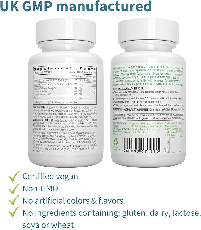 Vegan Omega-3 + Calcium &amp Magnesium Complex Vegan Bundle Sustainable EPA &amp DHA Algae Oil 1340mg + 2:1 Plant Based Algae Mineral Complex by Igennus