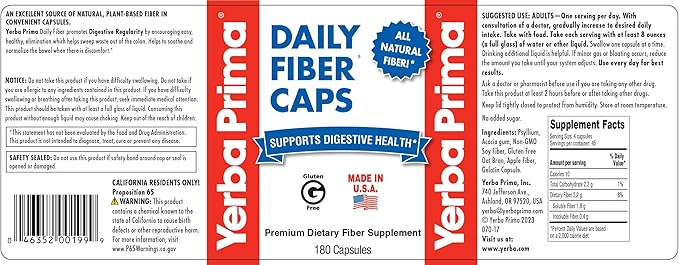 Yerba Prima Daily Fiber Formula - 180 caps (Pack of 2) - Soluble &amp Insoluble Dietary Fiber Supplement - Colon Cleanse - Gut Health - Vegan Non-GMO Gluten-Free
