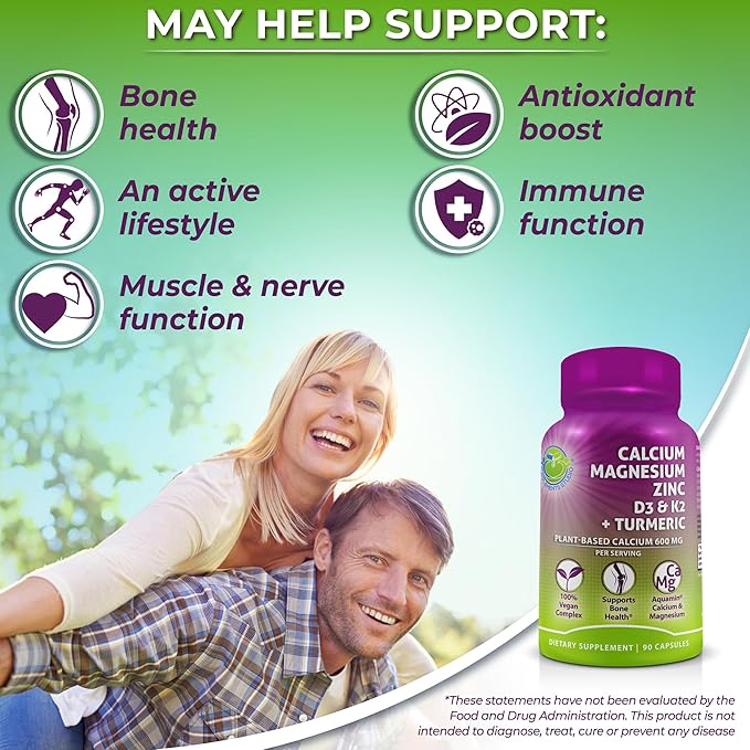 Plant-Based Calcium 600mg (Aquamin) – Vegan Calcium Magnesium Zinc D3 with Vitamin K2 &amp Organic Turmeric – Enhanced Bone and Muscle Health &amp Strength Immune Support for Women &amp Men - 90 C