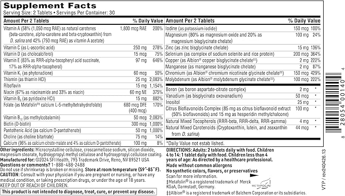 Klaire Labs SFI Health VitaPrime - Iron Free Multivitamin for Women &amp Men - Promote Immune Function &amp Support Nutritional Gaps - Two-Per-Day Multivitamin with Methyl Folate &amp B12 (60 Table