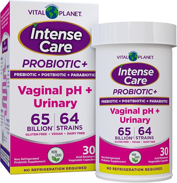 Vital Planet - Intense Care Vaginal pH &amp Urinary Probiotics for Women Plus Organic Prebiotics Postbiotics and Parabiotics 65 Billion CFU and 64 Strains Immune and Digestive Health 30 ct