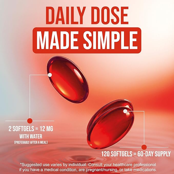 Astaxanthin 12mg Supplement - 120 Softgels Fresh Microalgae Source Non-GMO &amp Gluten-Free Antioxidant Eye Skin and Wellness Support