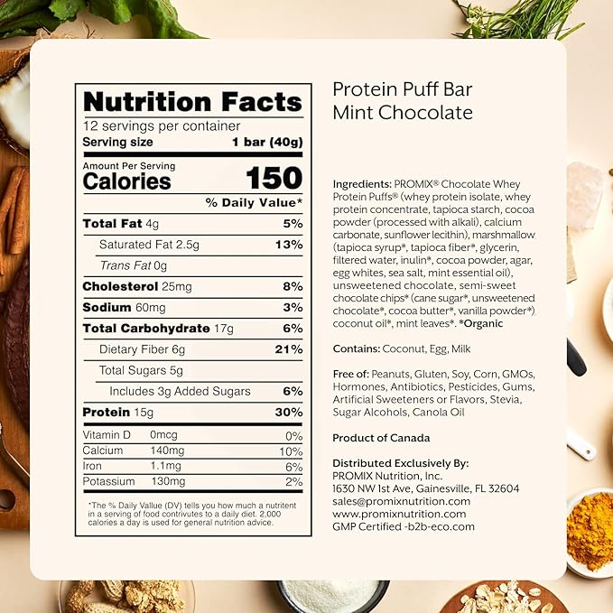 ProMix Protein Puff Bars 12-Pack - Mint Chocolate- Marshmallow Crispy Treat - Great Tasting &amp Healthy On The Go Snack - High Protein &amp Low Calorie - Non-GMO &amp Free From Gluten Soy &amp