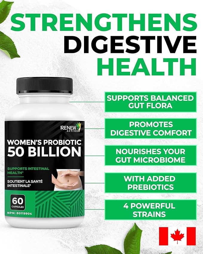 RENEW ACTIVES Probiotics for Women 50 Billion CFU per 2 Capsules – MAKTREK Technology 4 Probiotic Strains &amp Prebiotic Blend– Supports Digestion Health &amp Gut Flora Balance– Made in Canada– 60