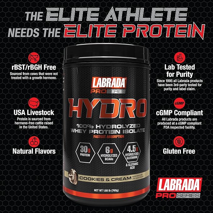Labrada Hydro 100% Pure Hydrolyzed Whey Protein Isolate Powder Lactose free 6g BCAA’s 4.5g Glutamine Fastest Digesting Whey Available Instant Mixing Delicious Taste 20 Servings (Cookies &amp Cr