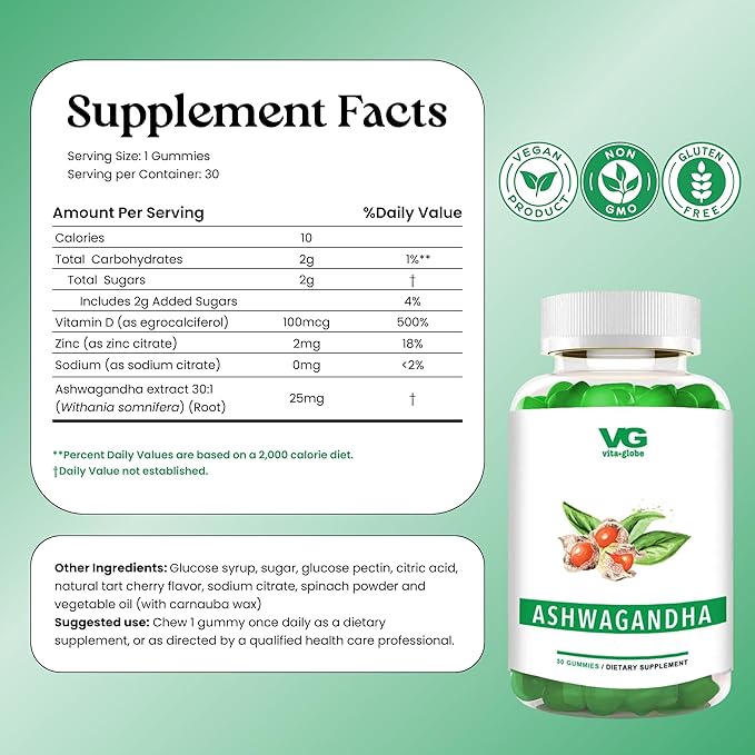 VITA GLOBE Ashwagandha Gummies 25mg with Vitamin D2 100mcg and Zinc 2mg Ashwagandha for Men and Women Supplement for Everyday Wellness Mood Balance and Immune Nutrition 60 Count 2 Pack